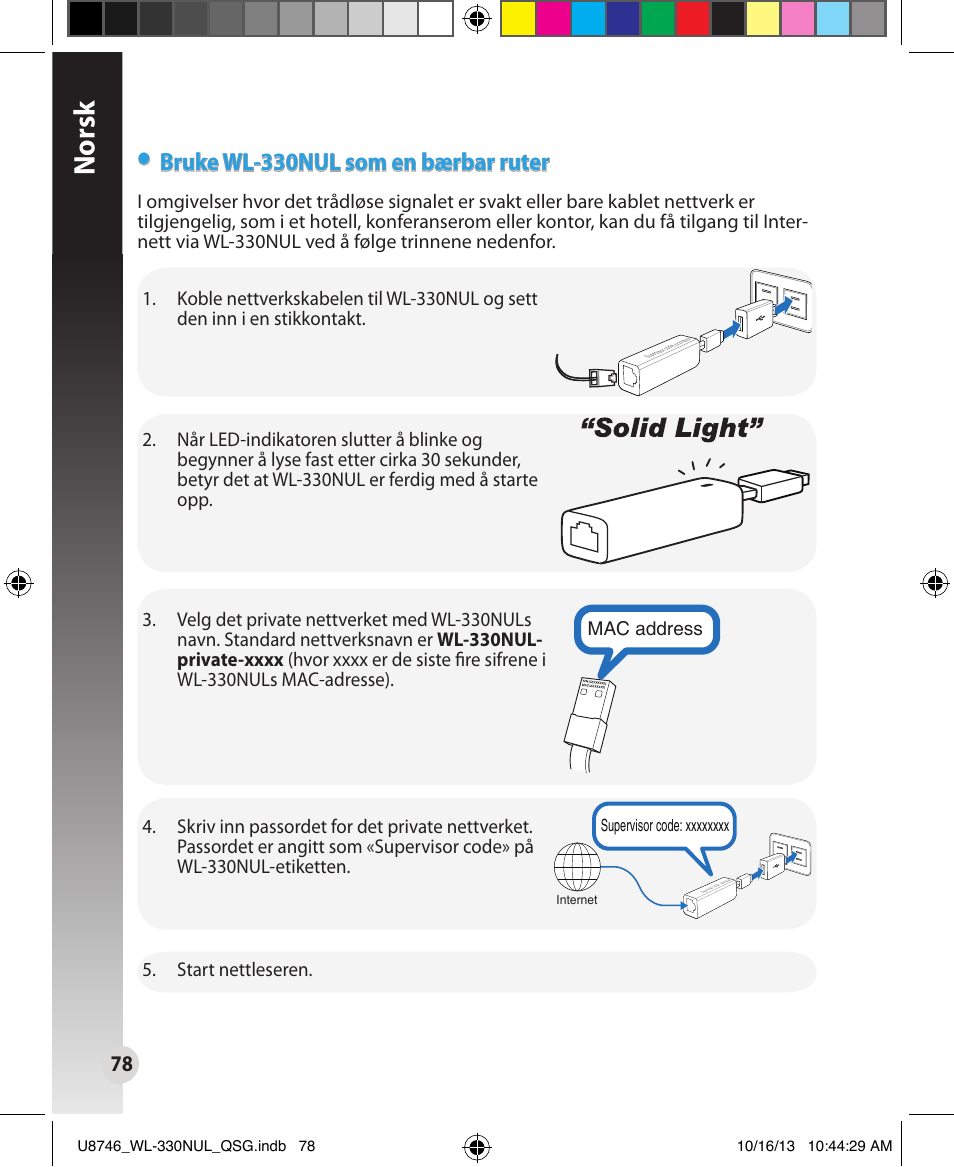 Norsk, Bruke wl-330nul som en bærbar ruter | Asus WL-330NUL User Manual | Page 78 / 128