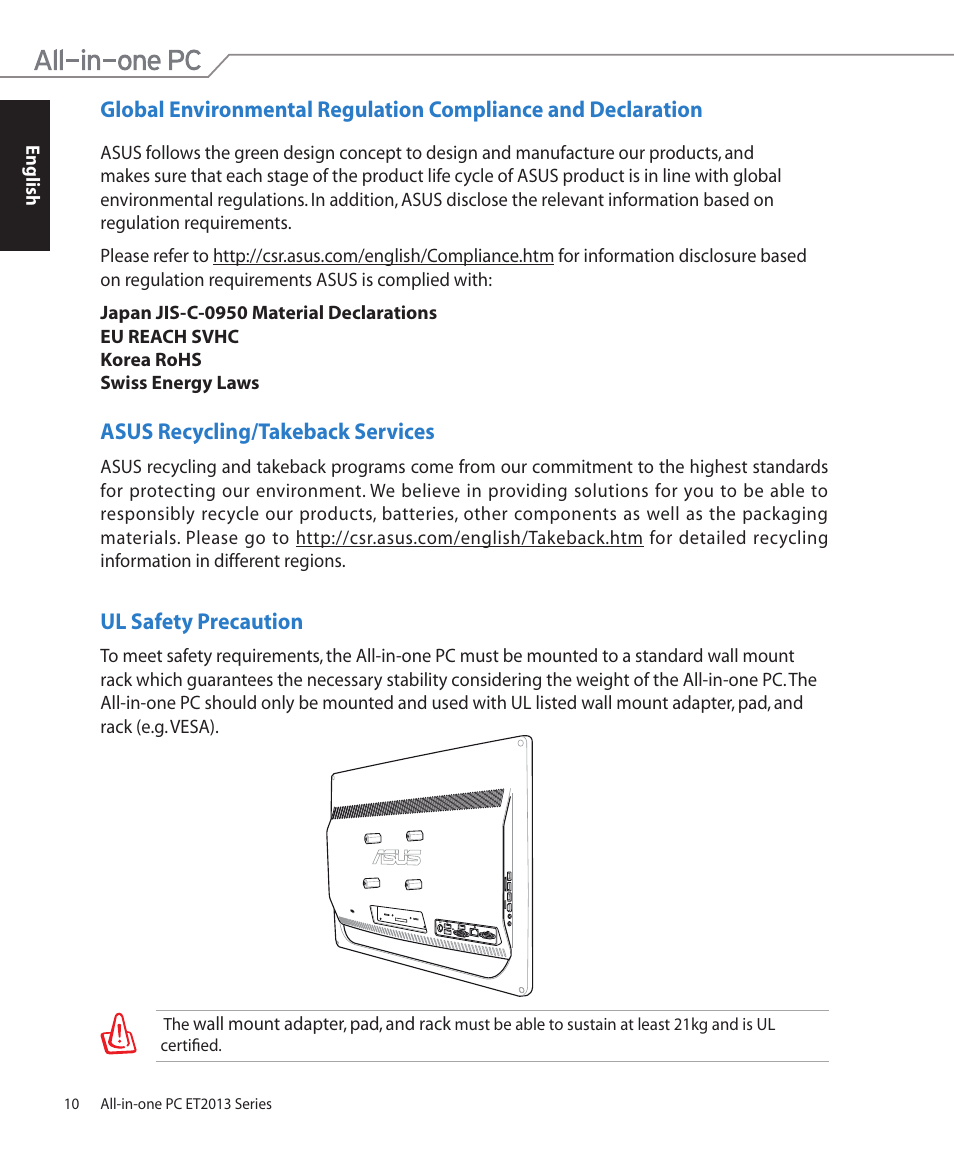 Asus recycling/takeback services, Ul safety precaution | Asus ET2013IUTI User Manual | Page 10 / 42