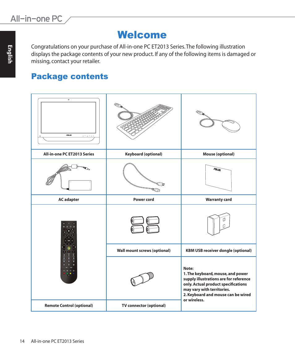 Welcome, Package contents | Asus ET2013IUTI User Manual | Page 14 / 42