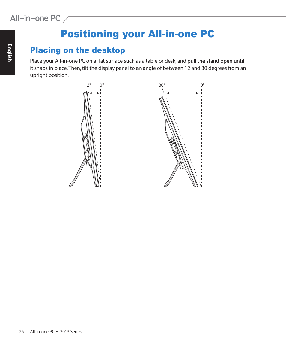 Positioning your all-in-one pc, Placing on the desktop | Asus ET2013IUTI User Manual | Page 26 / 42