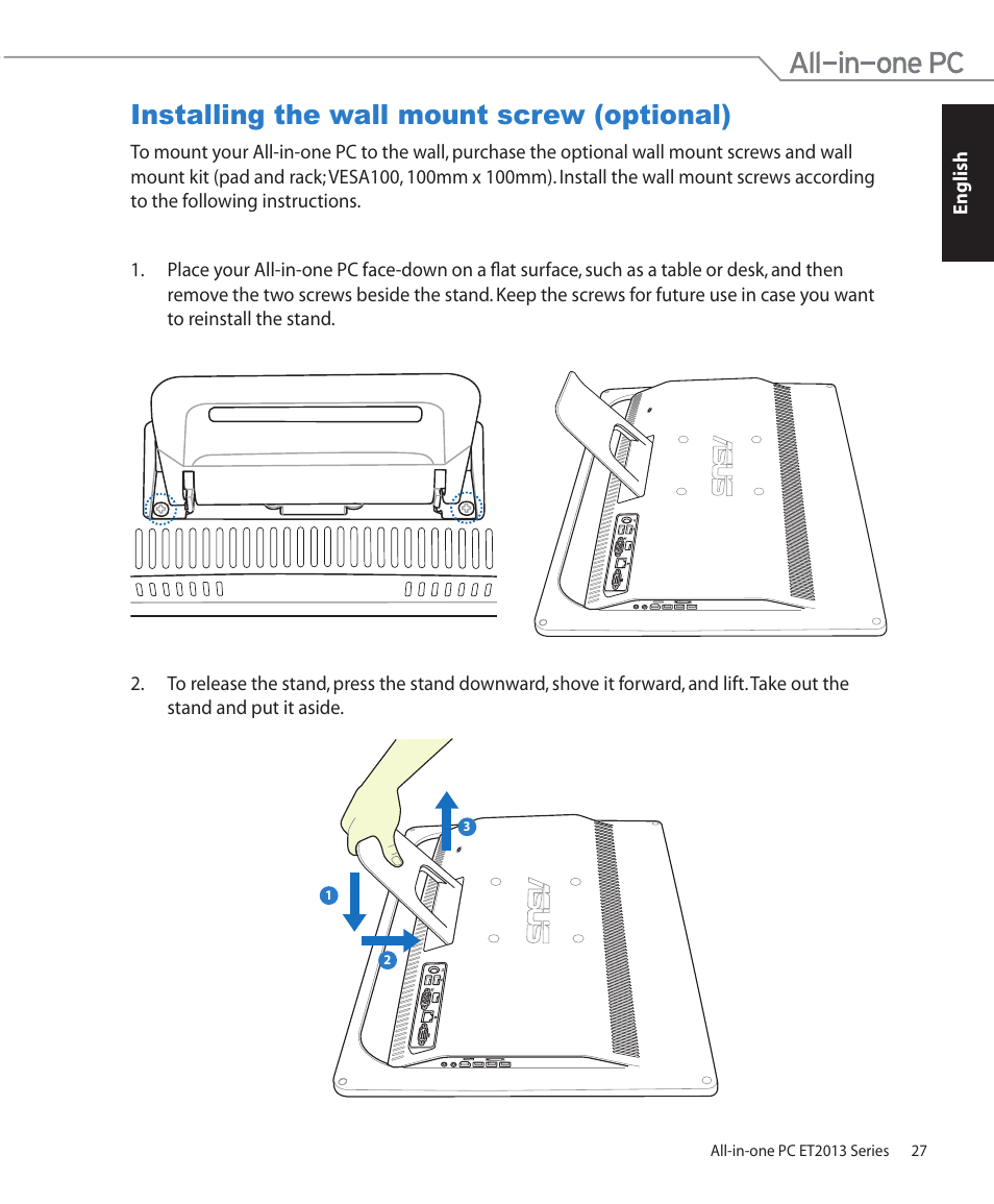 Installing the wall mount screw (optional) | Asus ET2013IUTI User Manual | Page 27 / 42