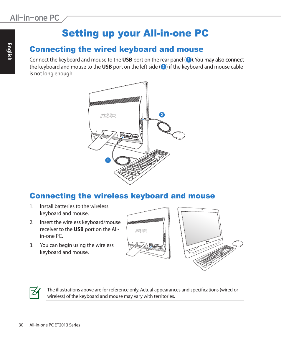 Setting up your all-in-one pc, Connecting the wired keyboard and mouse, Connecting the wireless keyboard and mouse | Asus ET2013IUTI User Manual | Page 30 / 42