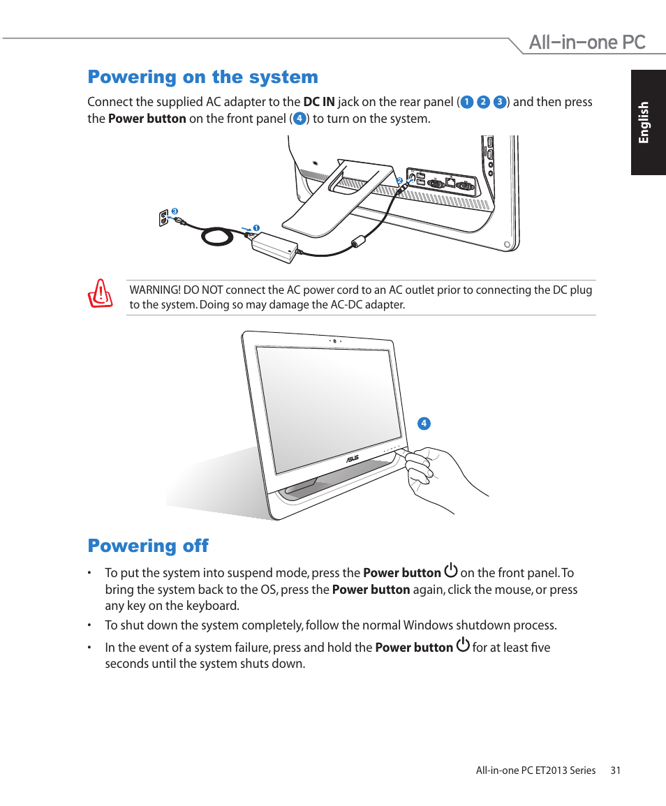 Powering on the system, Powering off, Powering on the system powering off | Asus ET2013IUTI User Manual | Page 31 / 42