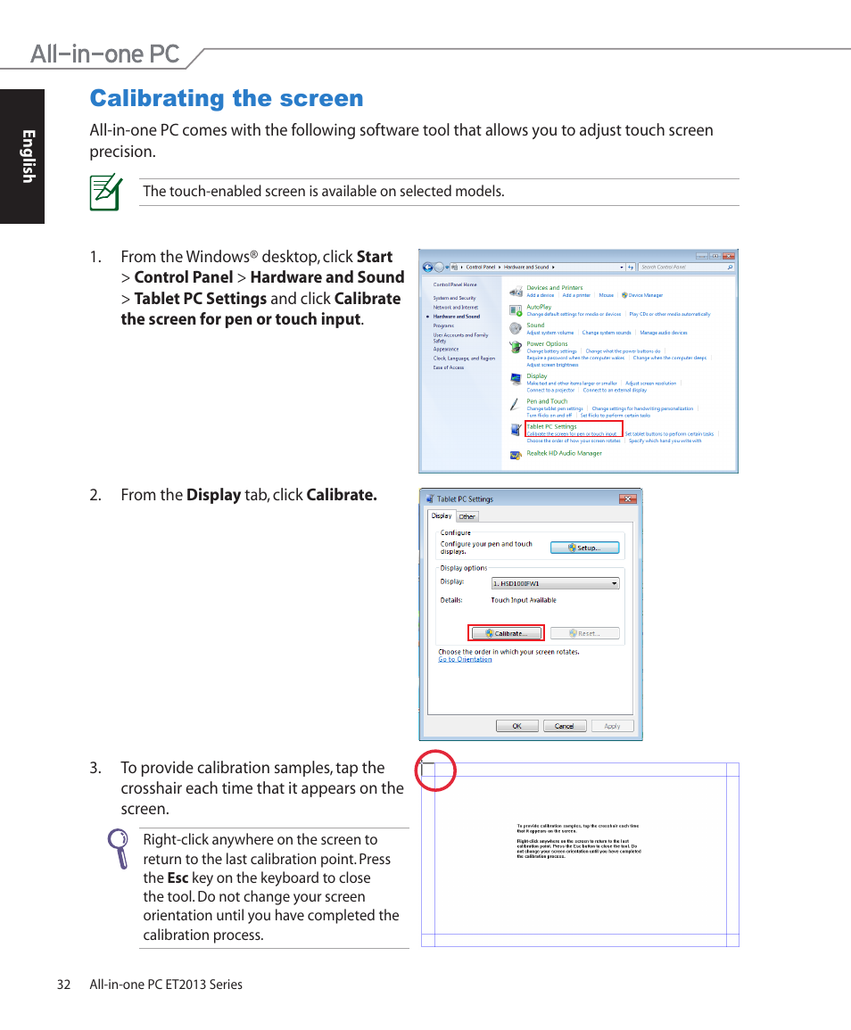 Calibrating the screen | Asus ET2013IUTI User Manual | Page 32 / 42