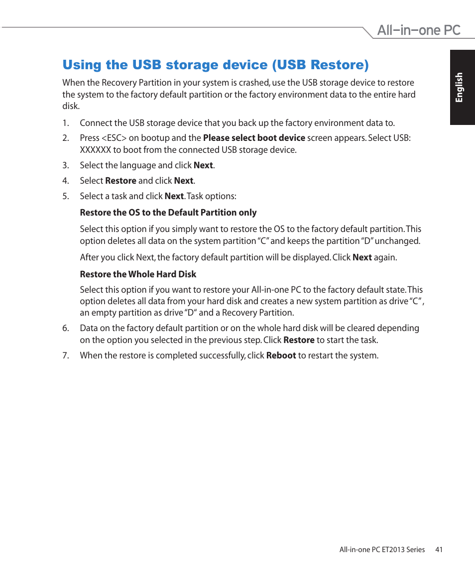 Using the usb storage device (usb restore) | Asus ET2013IUTI User Manual | Page 41 / 42