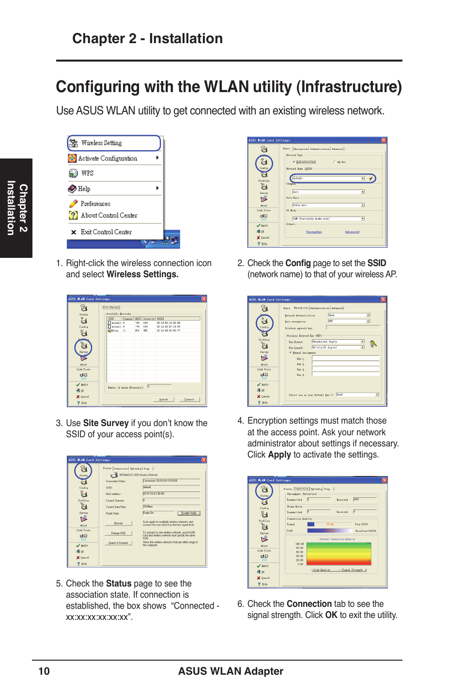 Configuring with the wlan utility (infrastructure), Chapter 2 - installation | Asus USB-N11 User Manual | Page 10 / 42