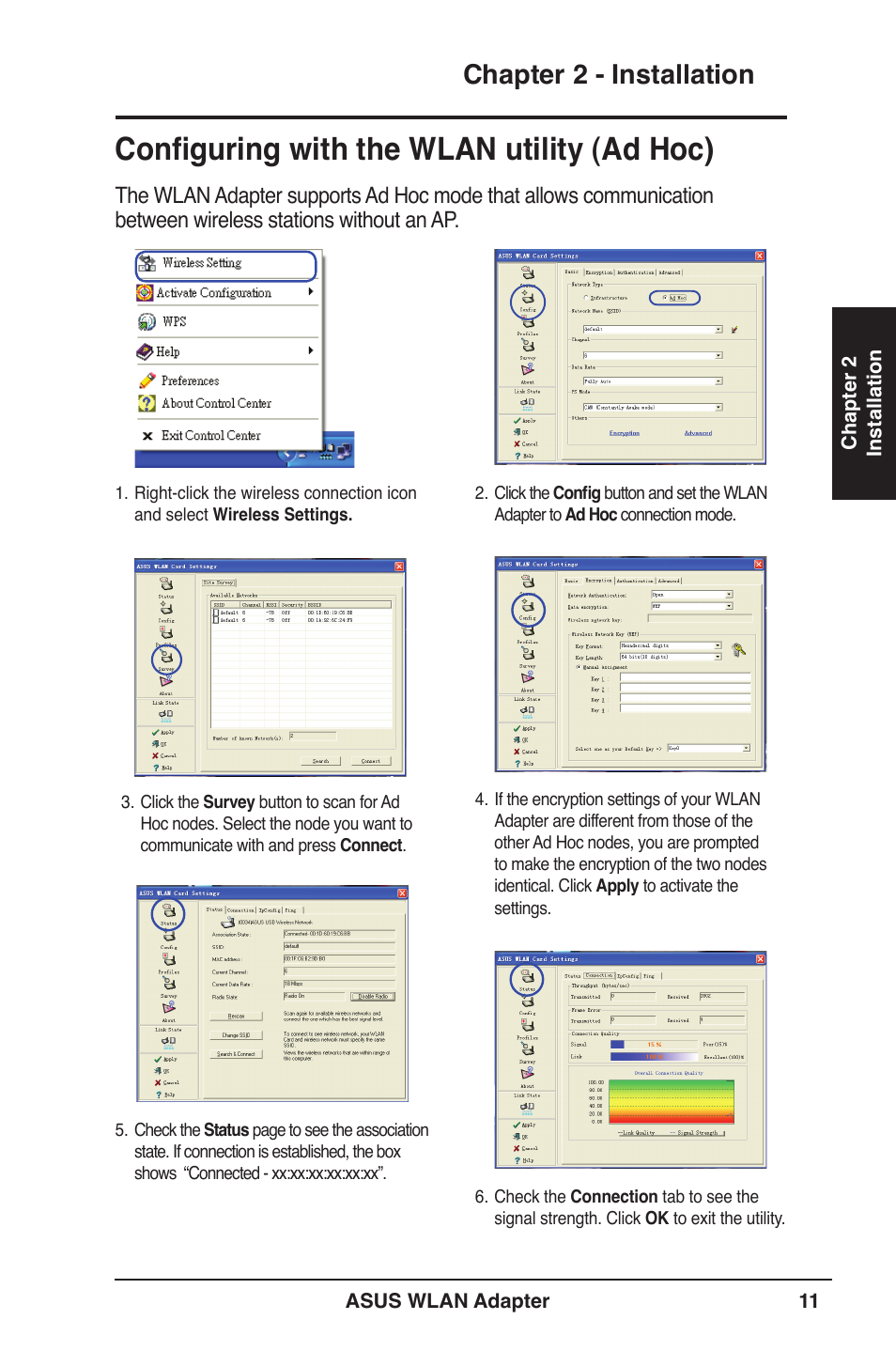 Configuring with the wlan utility (ad hoc), Chapter 2 - installation | Asus USB-N11 User Manual | Page 11 / 42