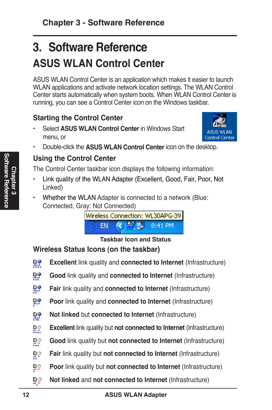 Software reference, Asus wlan control center, Chapter  - software reference | Asus USB-N11 User Manual | Page 12 / 42