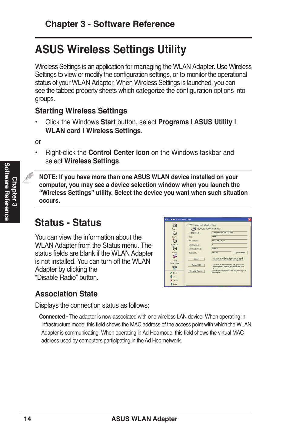 Asus wireless settings utility, Status - status, Chapter  - software reference | Association state, Starting wireless settings | Asus USB-N11 User Manual | Page 14 / 42