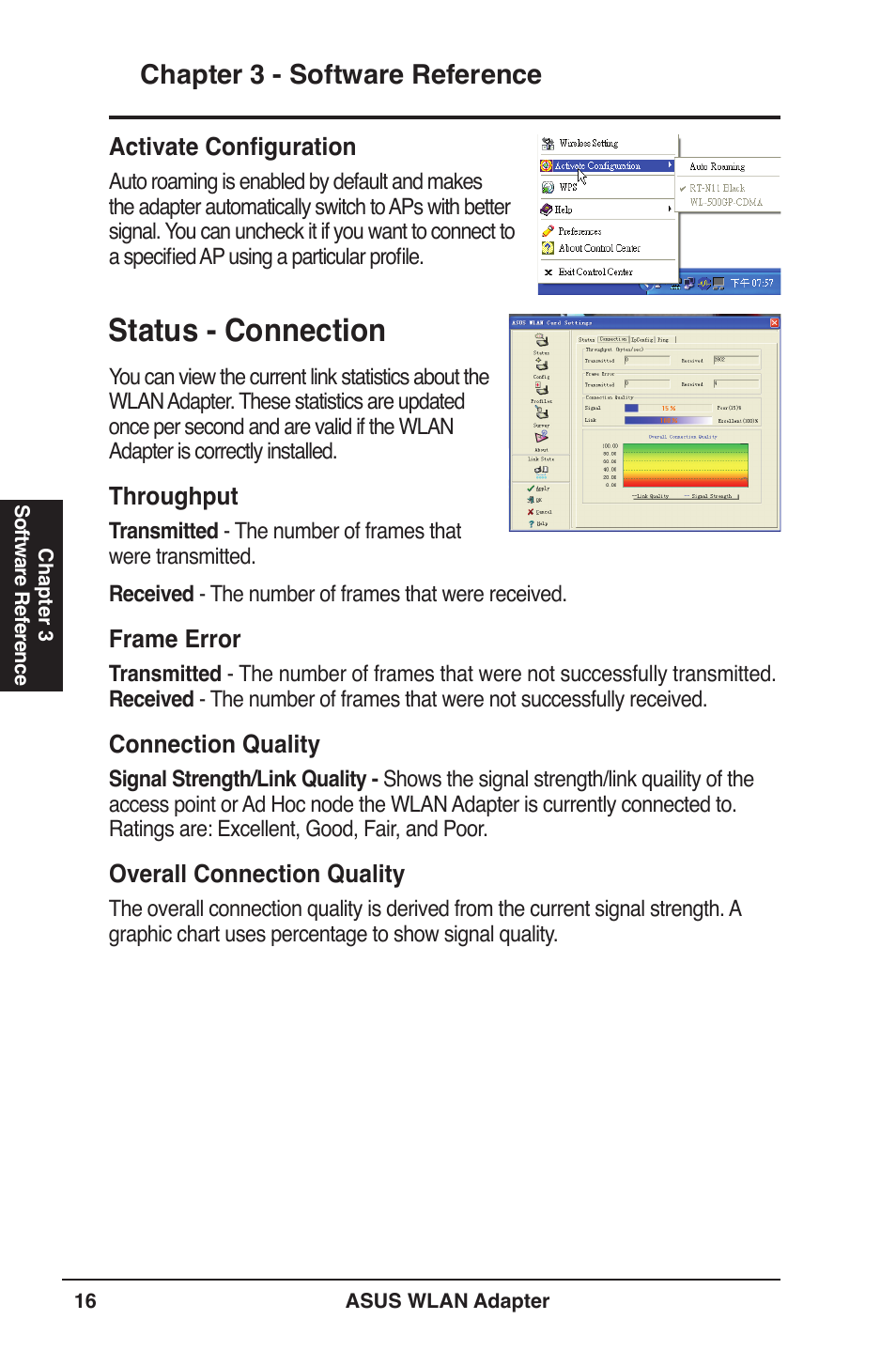 Status - connection, Chapter  - software reference | Asus USB-N11 User Manual | Page 16 / 42