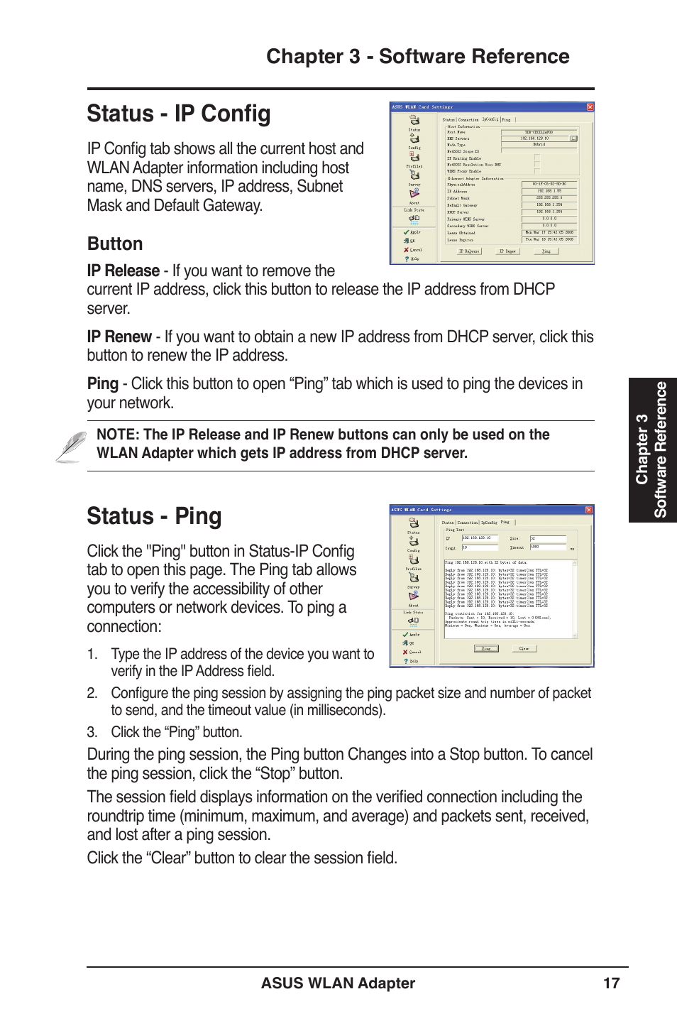 Status - ip config, Status - ping, Chapter  - software reference | Asus USB-N11 User Manual | Page 17 / 42