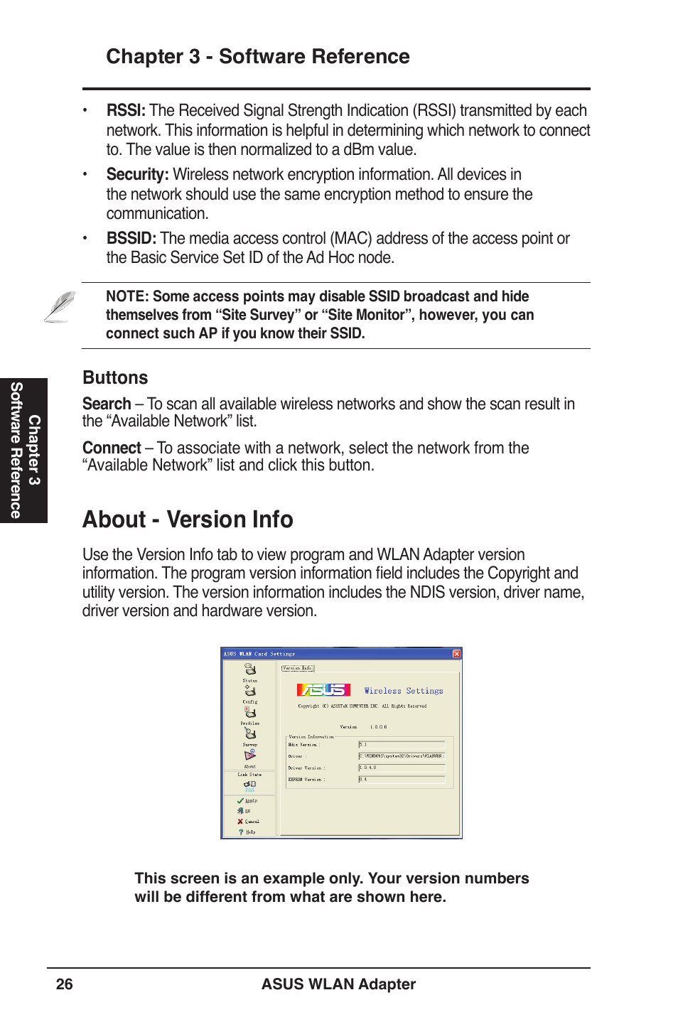 About - version info, Chapter  - software reference | Asus USB-N11 User Manual | Page 26 / 42