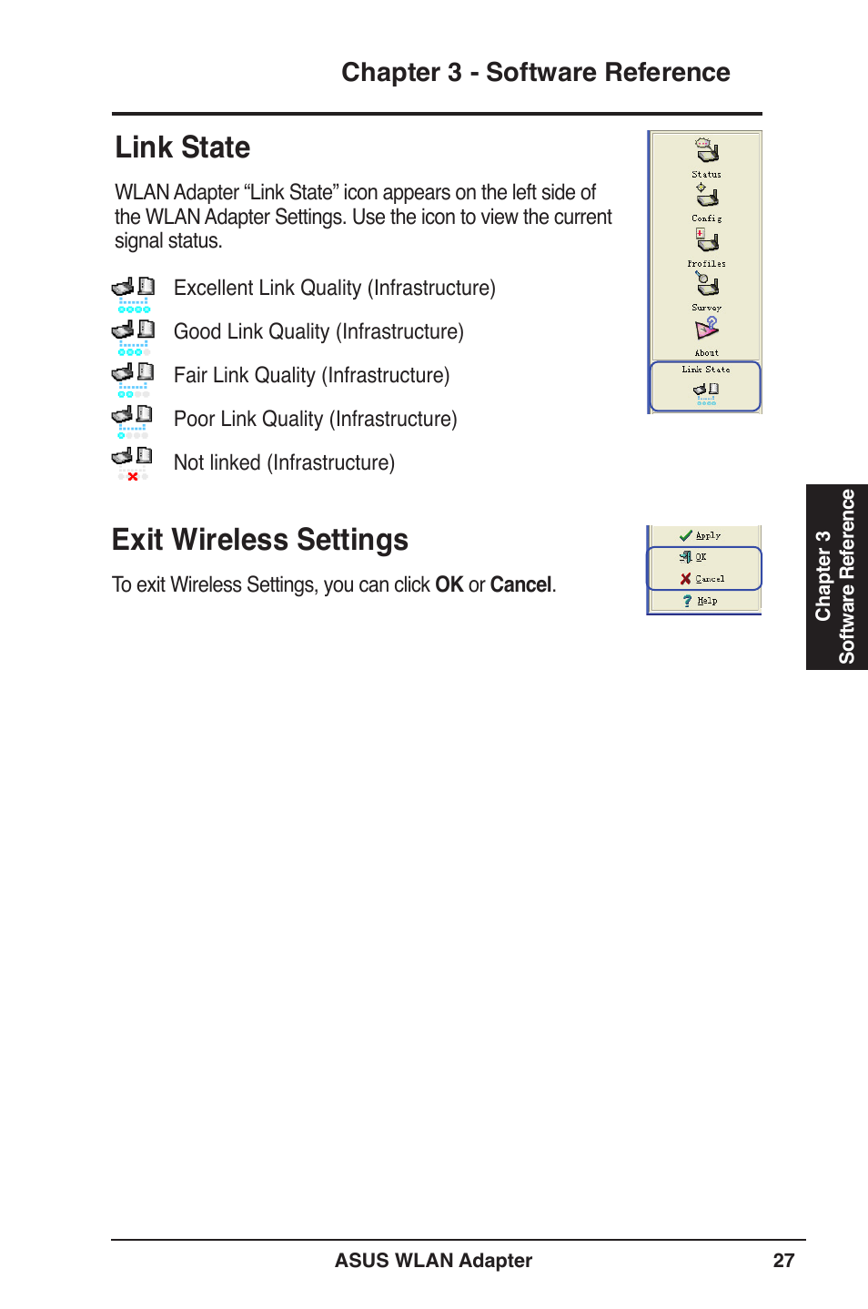 Link state, Exit wireless settings, Chapter  - software reference | Asus USB-N11 User Manual | Page 27 / 42