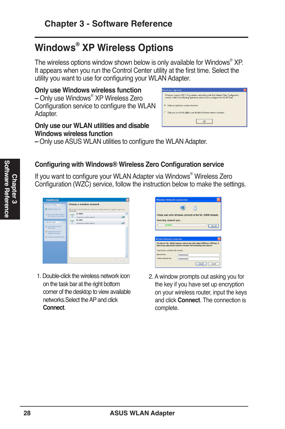 Windows, Xp wireless options, Chapter  - software reference | Asus USB-N11 User Manual | Page 28 / 42