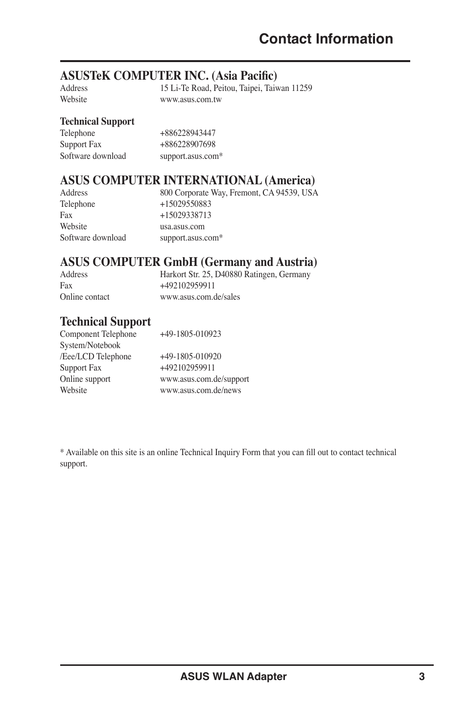 Contact information, Asustek computer inc. (asia pacific), Asus computer international (america) | Asus computer gmbh (germany and austria), Technical support | Asus USB-N11 User Manual | Page 3 / 42