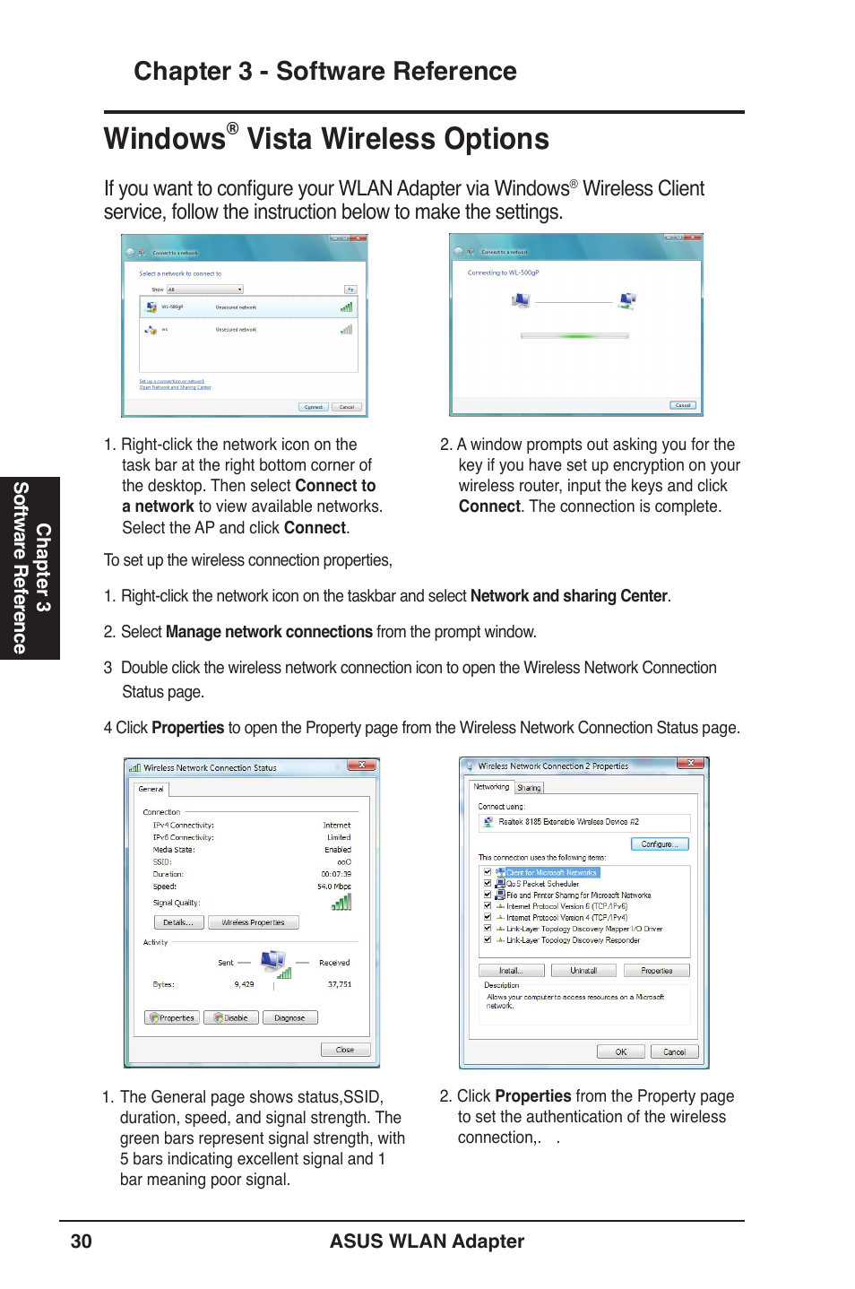 Windows, Vista wireless options, Chapter  - software reference | Asus USB-N11 User Manual | Page 30 / 42