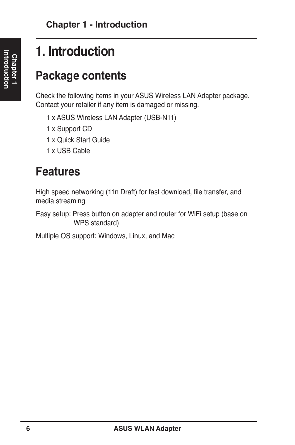 Introduction, Package contents, Features | Asus USB-N11 User Manual | Page 6 / 42