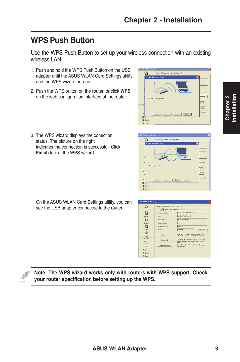 Wps push button, Chapter 2 - installation | Asus USB-N11 User Manual | Page 9 / 42