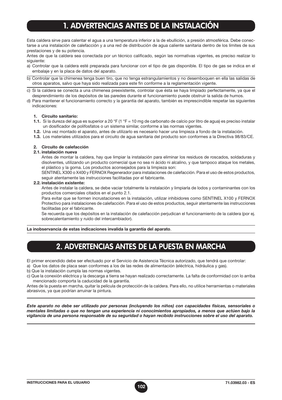 Advertencias antes de la instalación, Advertencias antes de la puesta en marcha | DE DIETRICH MS 24 User Manual | Page 102 / 332