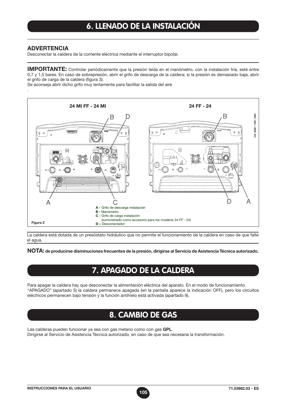 Apagado de la caldera 8. cambio de gas, Llenado de la instalación | DE DIETRICH MS 24 User Manual | Page 105 / 332