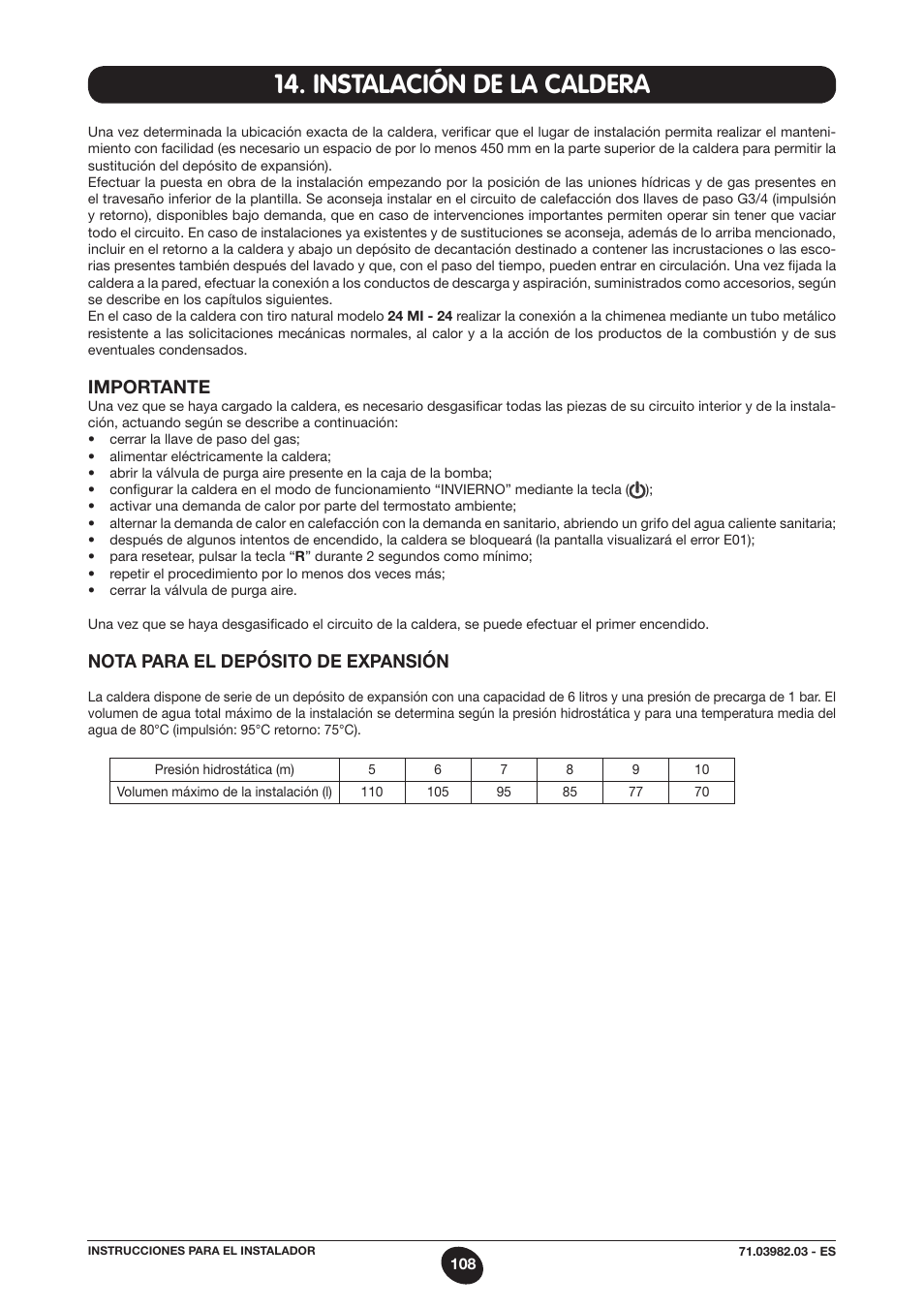 Importante, Nota para el depósito de expansión | DE DIETRICH MS 24 User Manual | Page 108 / 332