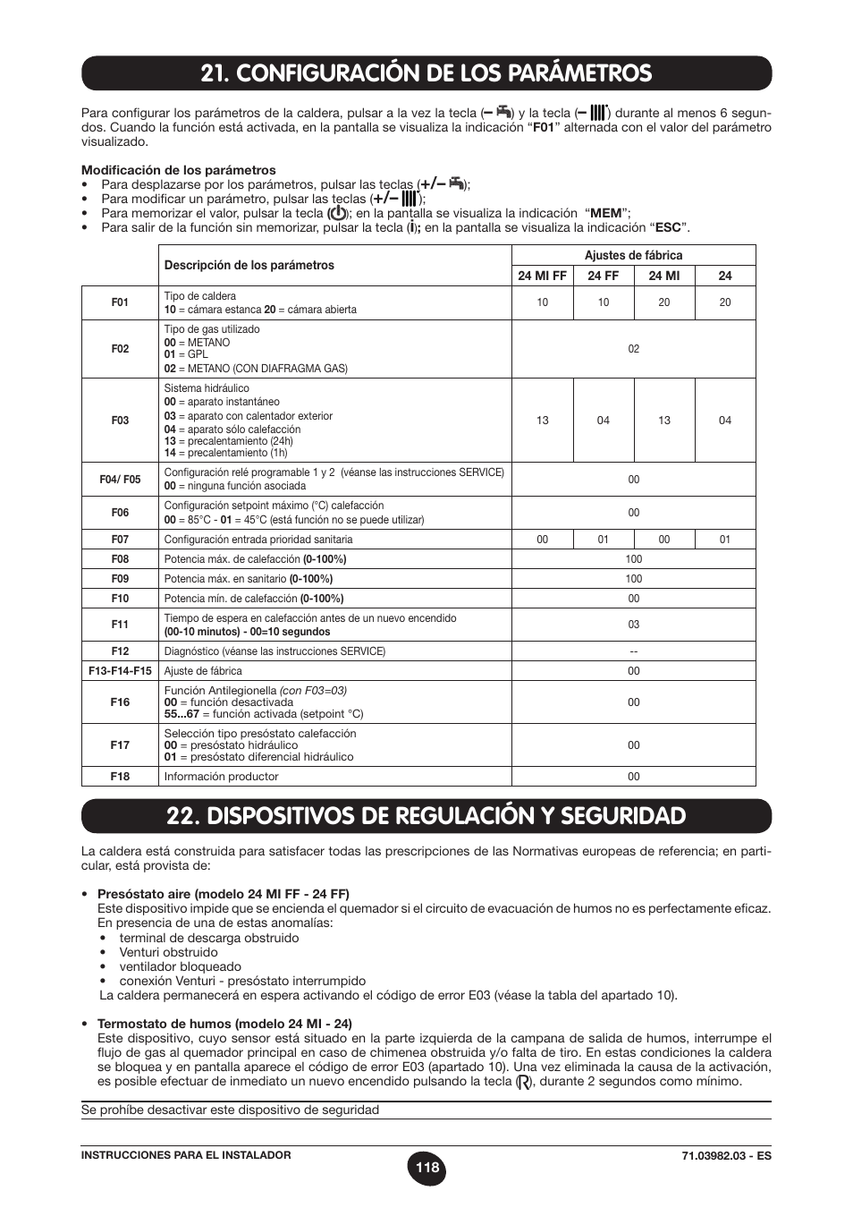 Configuración de los parámetros, Dispositivos de regulación y seguridad | DE DIETRICH MS 24 User Manual | Page 118 / 332