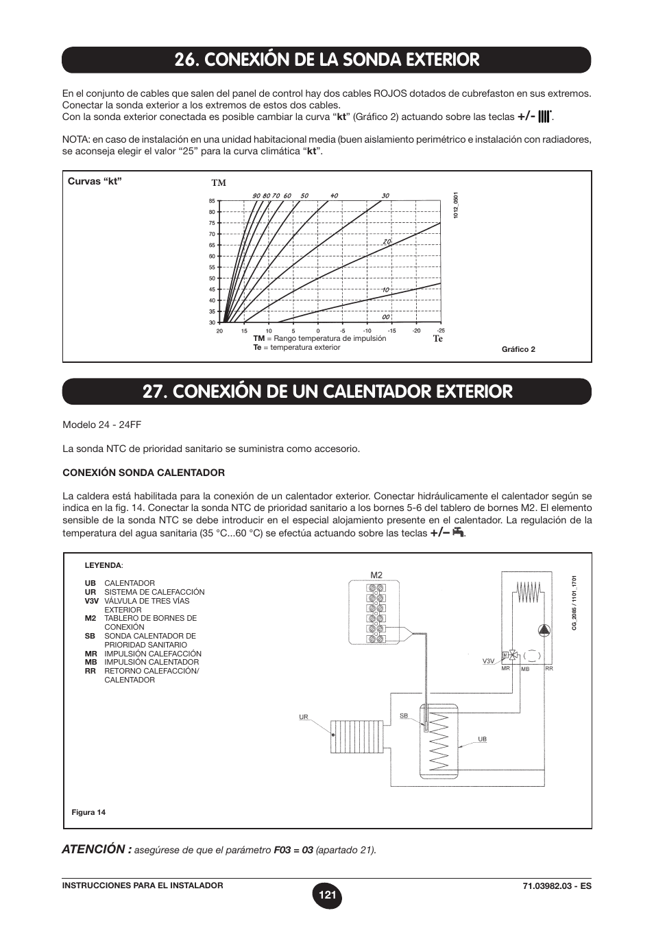 Conexión de la sonda exterior, Conexión de un calentador exterior, Atención | DE DIETRICH MS 24 User Manual | Page 121 / 332