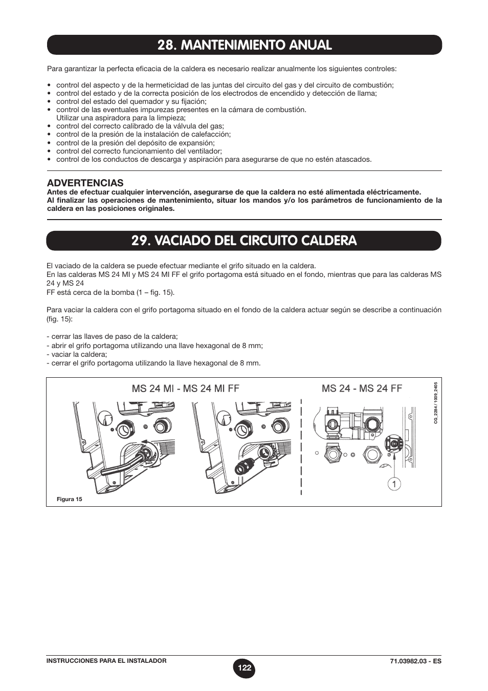 Mantenimiento anual, Vaciado del circuito caldera, Advertencias | DE DIETRICH MS 24 User Manual | Page 122 / 332