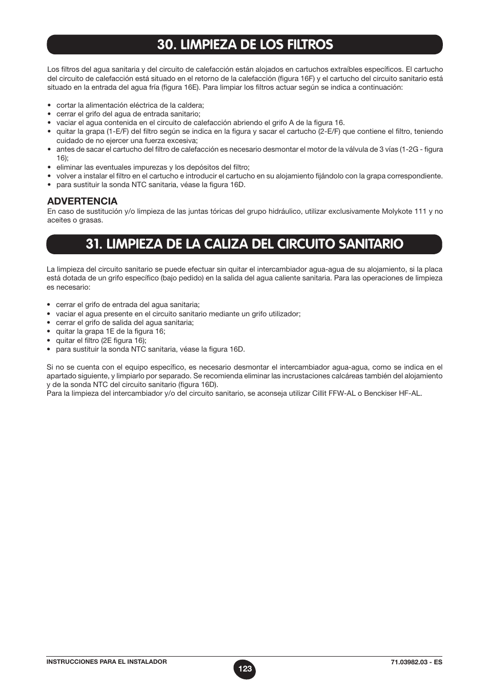 Limpieza de los filtros, Limpieza de la caliza del circuito sanitario | DE DIETRICH MS 24 User Manual | Page 123 / 332