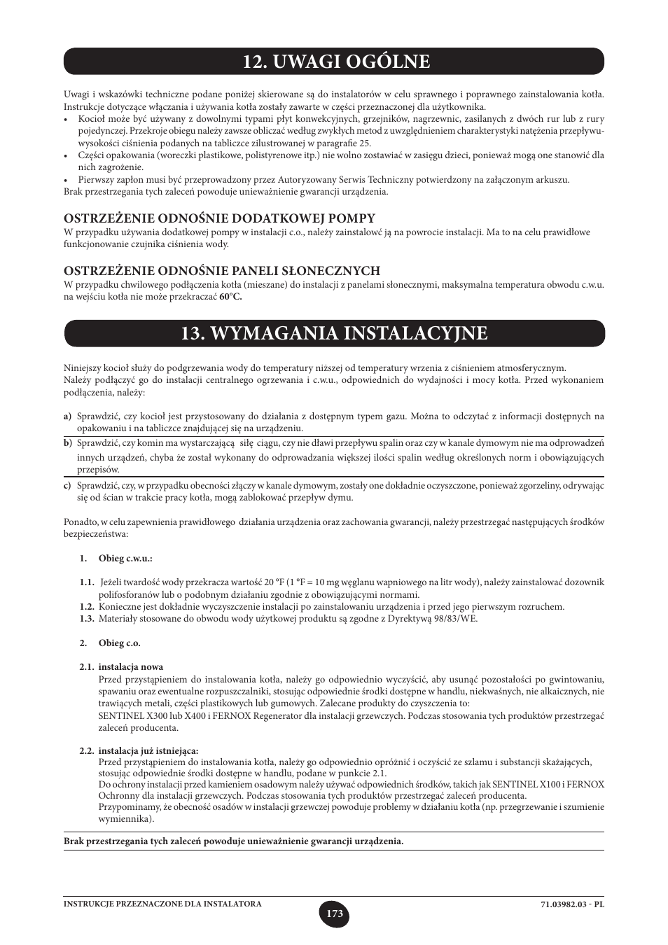 Uwagi ogólne 13. wymagania instalacyjne, Ostrzeżenie odnośnie dodatkowej pompy, Ostrzeżenie odnośnie paneli słonecznych | DE DIETRICH MS 24 User Manual | Page 173 / 332
