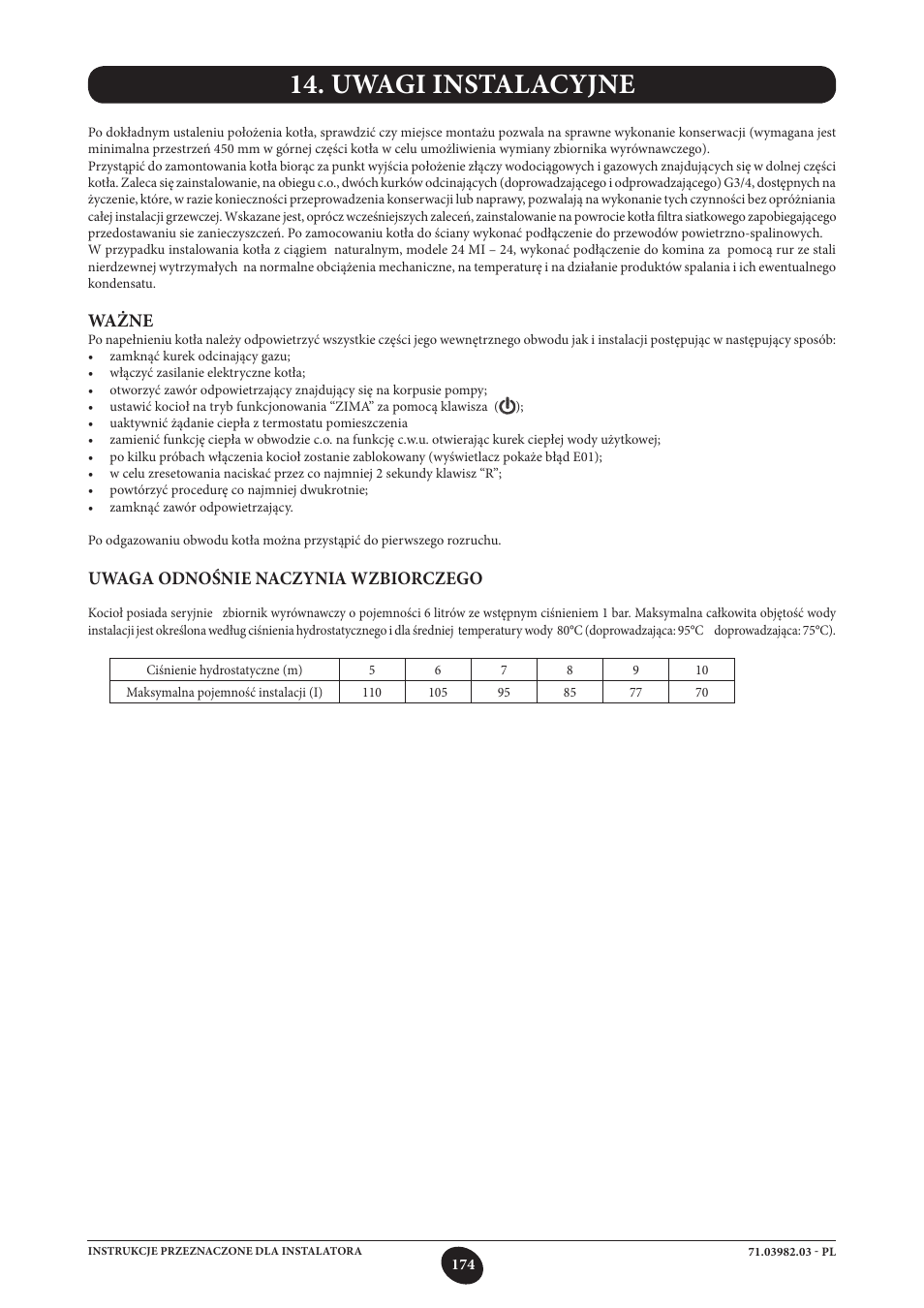 Uwagi instalacyjne, Installazione della caldaia, Ważne | Uwaga odnośnie naczynia wzbiorczego | DE DIETRICH MS 24 User Manual | Page 174 / 332