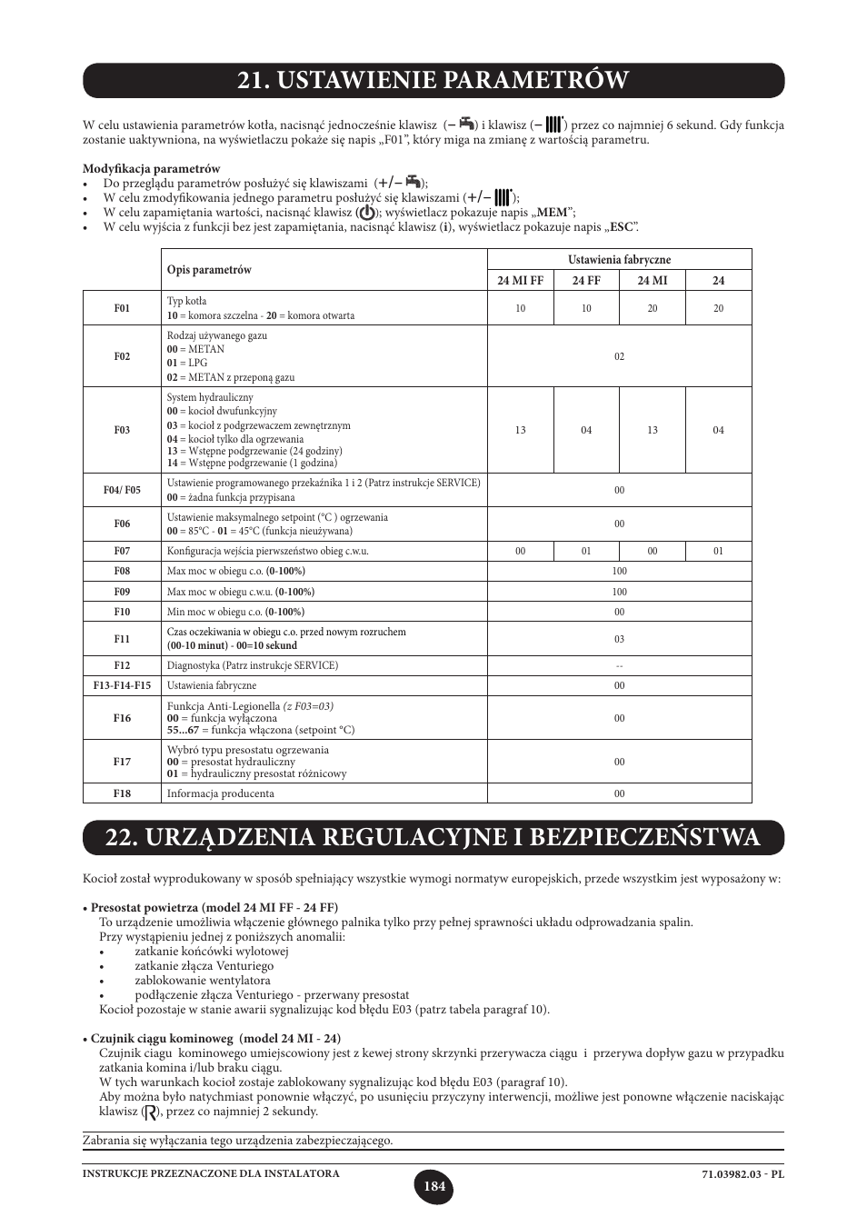 Ustawienie parametrów, Urządzenia regulacyjne i bezpieczeństwa | DE DIETRICH MS 24 User Manual | Page 184 / 332