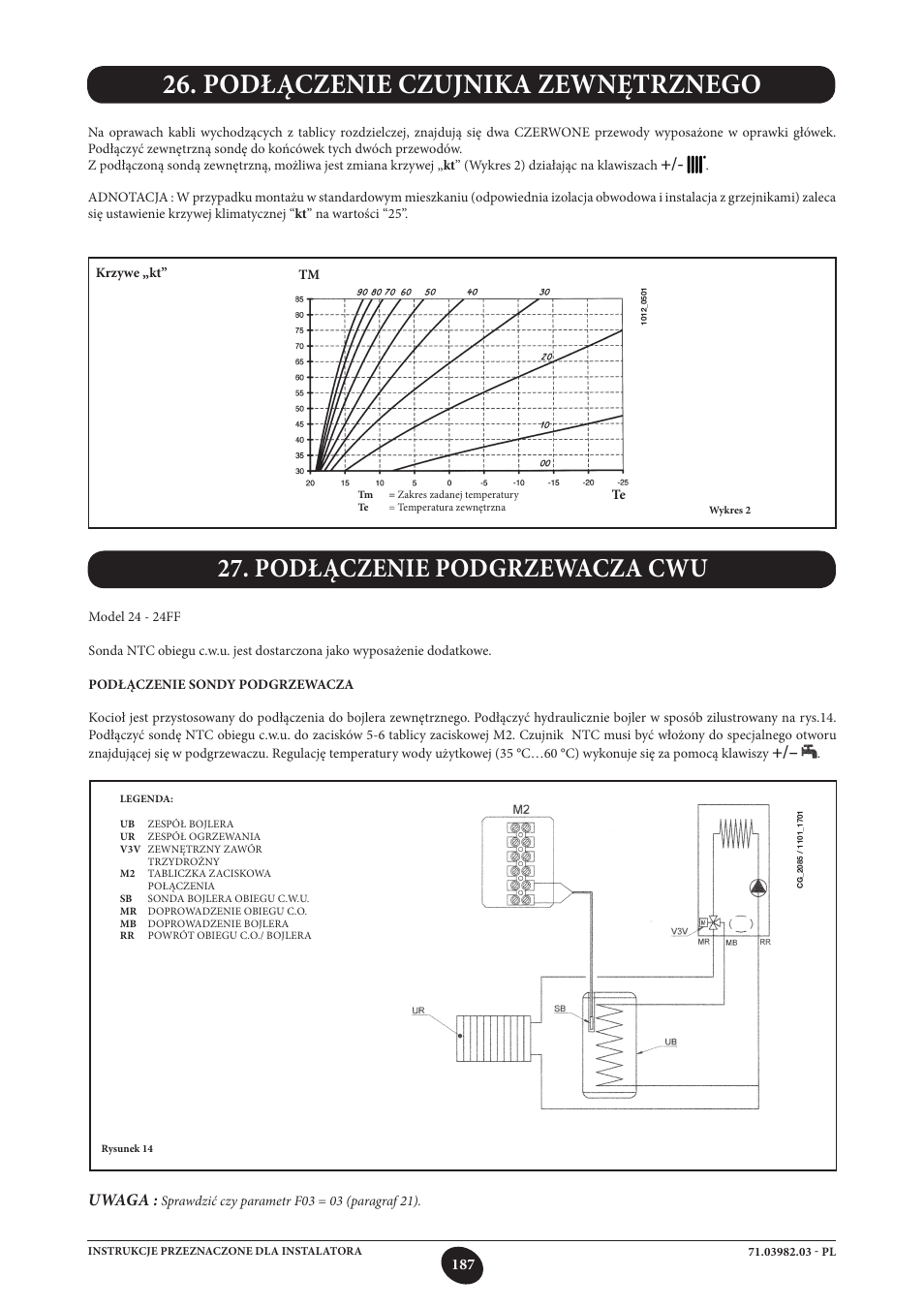 Podłączenie czujnika zewnętrznego, Podłączenie podgrzewacza cwu, Uwaga | DE DIETRICH MS 24 User Manual | Page 187 / 332