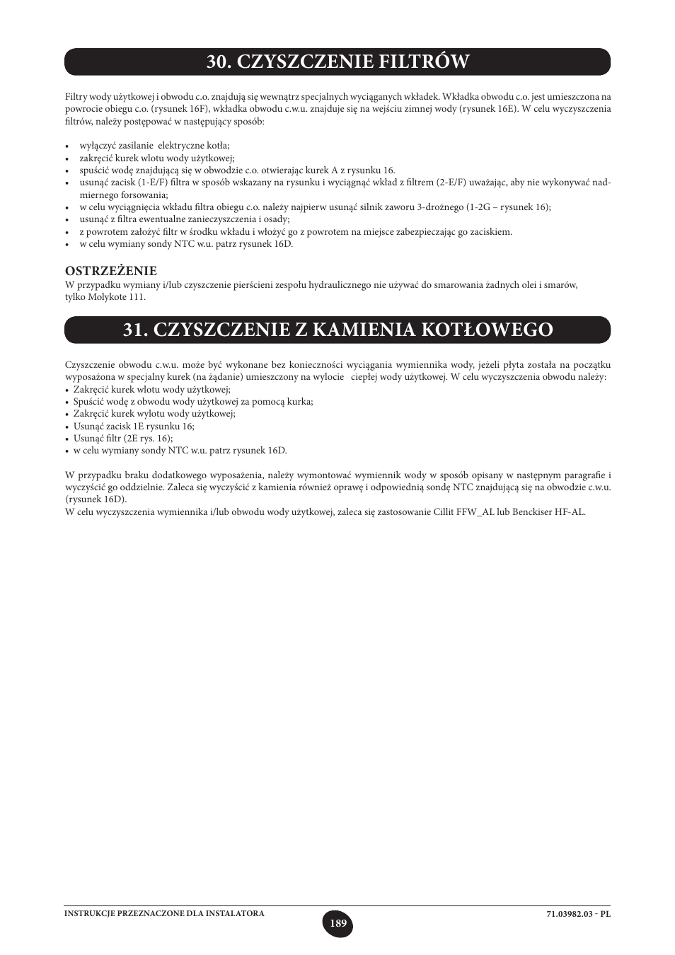 Czyszczenie filtrów, Czyszczenie z kamienia kotłowego, Ostrzeżenie | DE DIETRICH MS 24 User Manual | Page 189 / 332