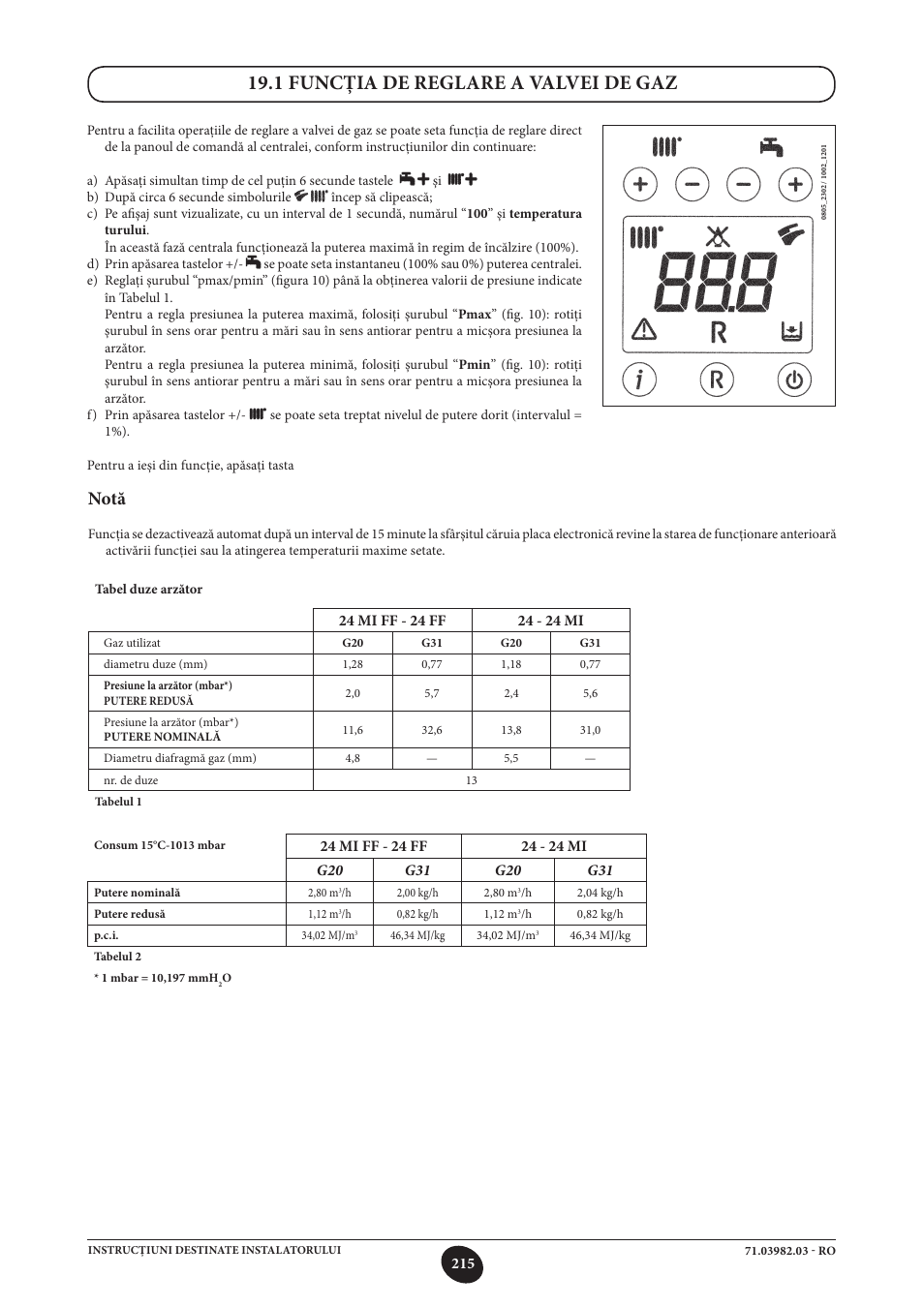 1 funcţia de reglare a valvei de gaz, Notă | DE DIETRICH MS 24 User Manual | Page 215 / 332