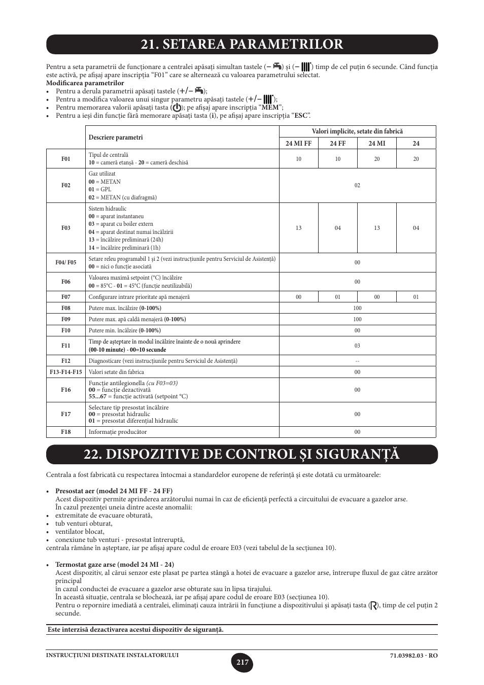 Setarea parametrilor, Dispozitive de control şi siguranţă | DE DIETRICH MS 24 User Manual | Page 217 / 332