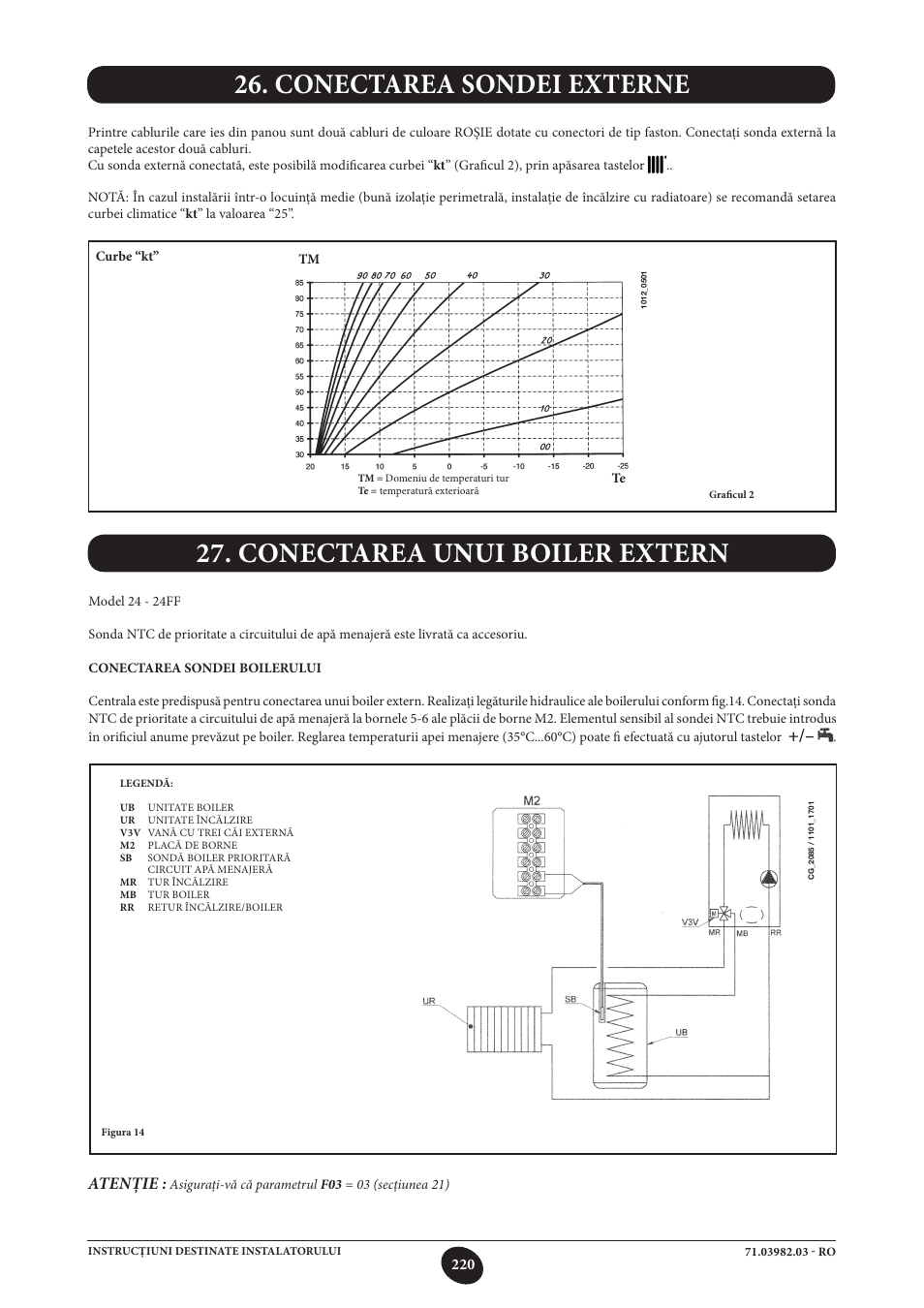 Conectarea sondei externe, Conectarea unui boiler extern, Atenţie | DE DIETRICH MS 24 User Manual | Page 220 / 332