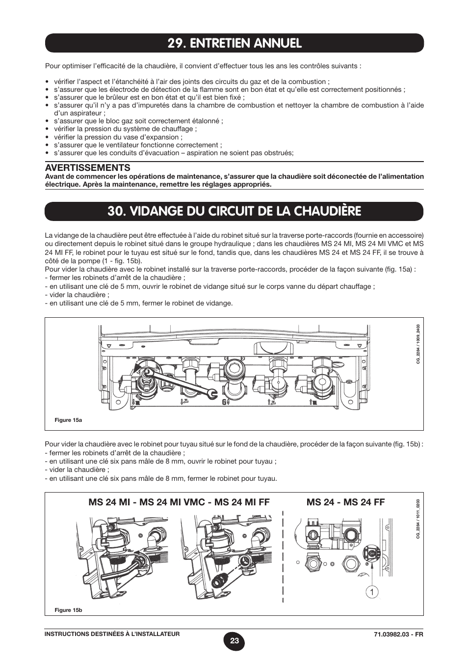 Entretien annuel, Vidange du circuit de la chaudière, Avertissements | DE DIETRICH MS 24 User Manual | Page 23 / 332