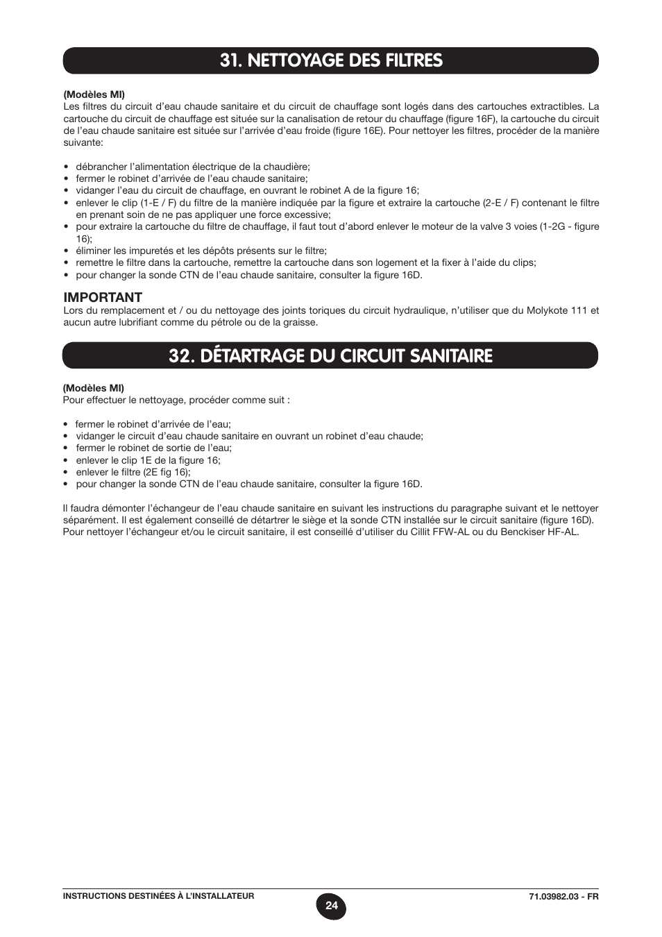 Nettoyage des filtres, Détartrage du circuit sanitaire | DE DIETRICH MS 24 User Manual | Page 24 / 332