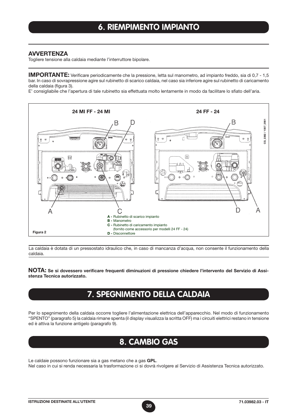 Spegnimento della caldaia 8. cambio gas, Riempimento impianto, Avvertenza | Importante, Nota | DE DIETRICH MS 24 User Manual | Page 39 / 332