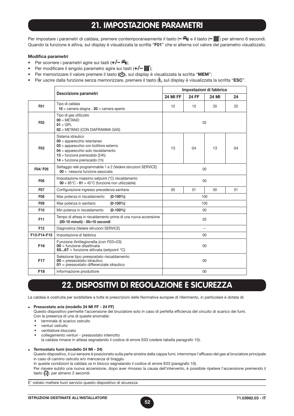 Impostazione parametri, Dispositivi di regolazione e sicurezza | DE DIETRICH MS 24 User Manual | Page 52 / 332