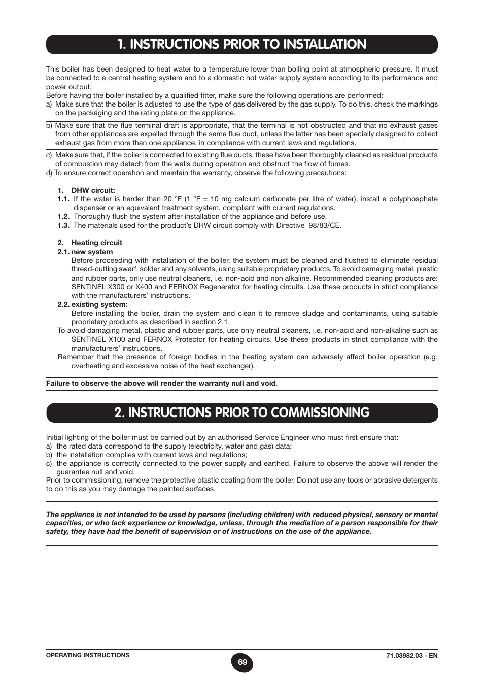 Instructions prior to installation, Instructions prior to commissioning | DE DIETRICH MS 24 User Manual | Page 69 / 332