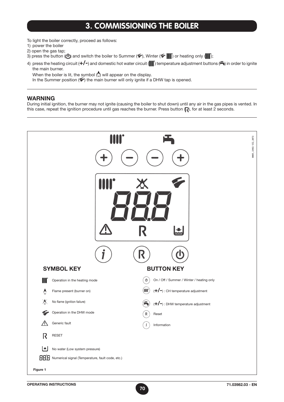 Commissioning the boiler, Warning, Button key | Symbol key | DE DIETRICH MS 24 User Manual | Page 70 / 332