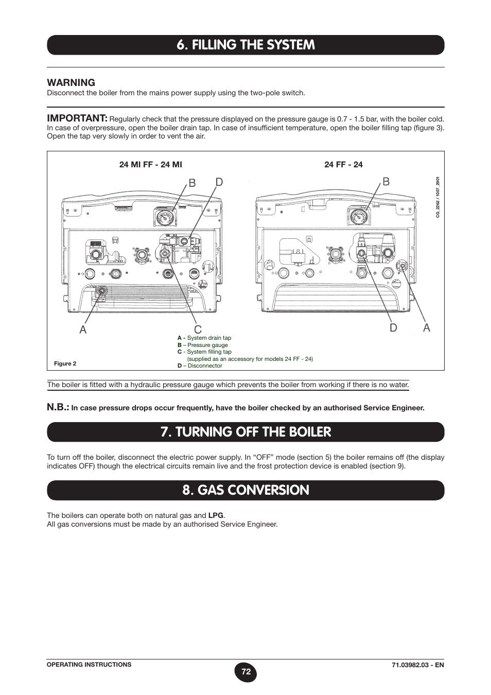 Turning off the boiler 8. gas conversion, Filling the system | DE DIETRICH MS 24 User Manual | Page 72 / 332