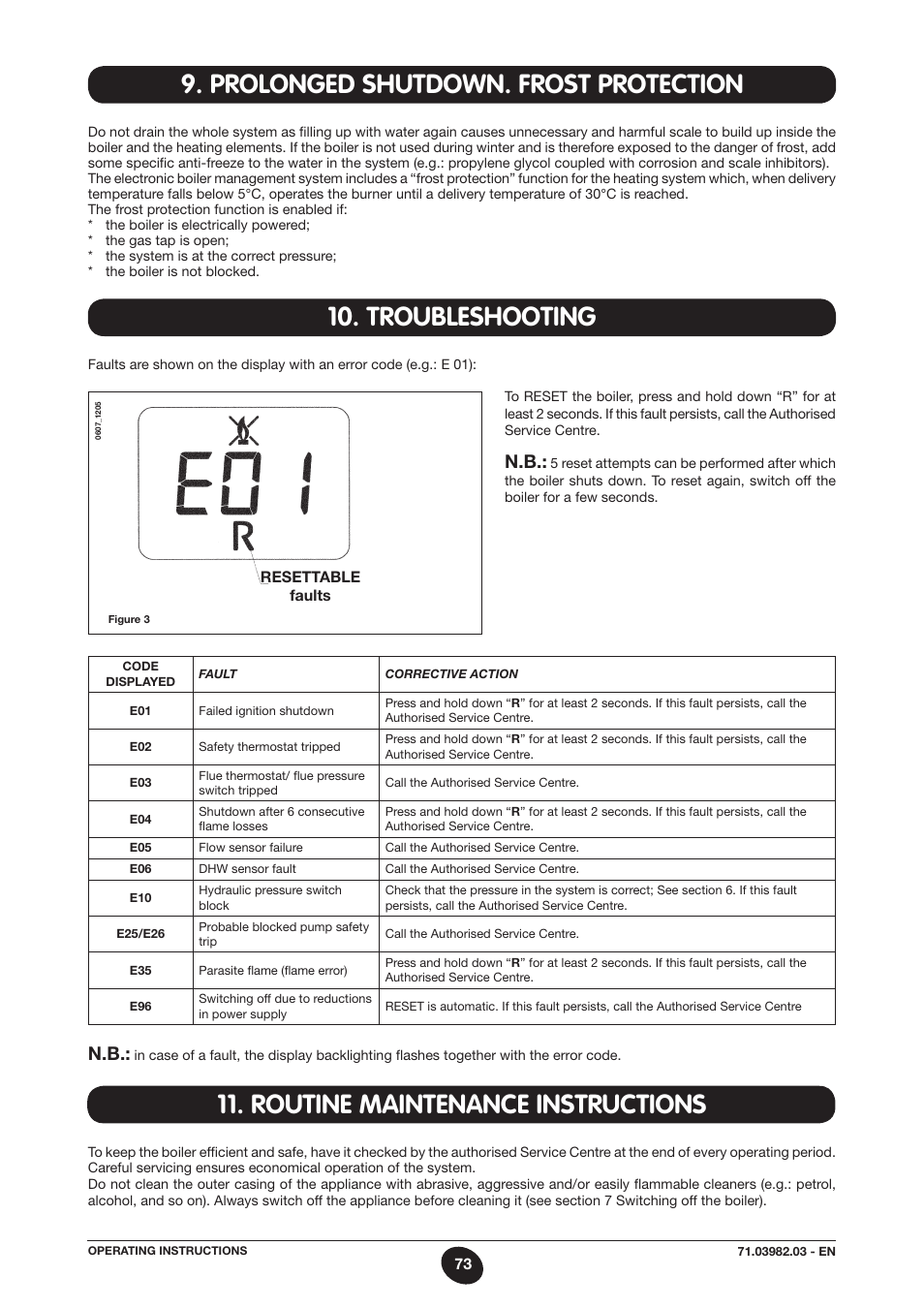 Troubleshooting, Prolonged shutdown. frost protection, Routine maintenance instructions | DE DIETRICH MS 24 User Manual | Page 73 / 332