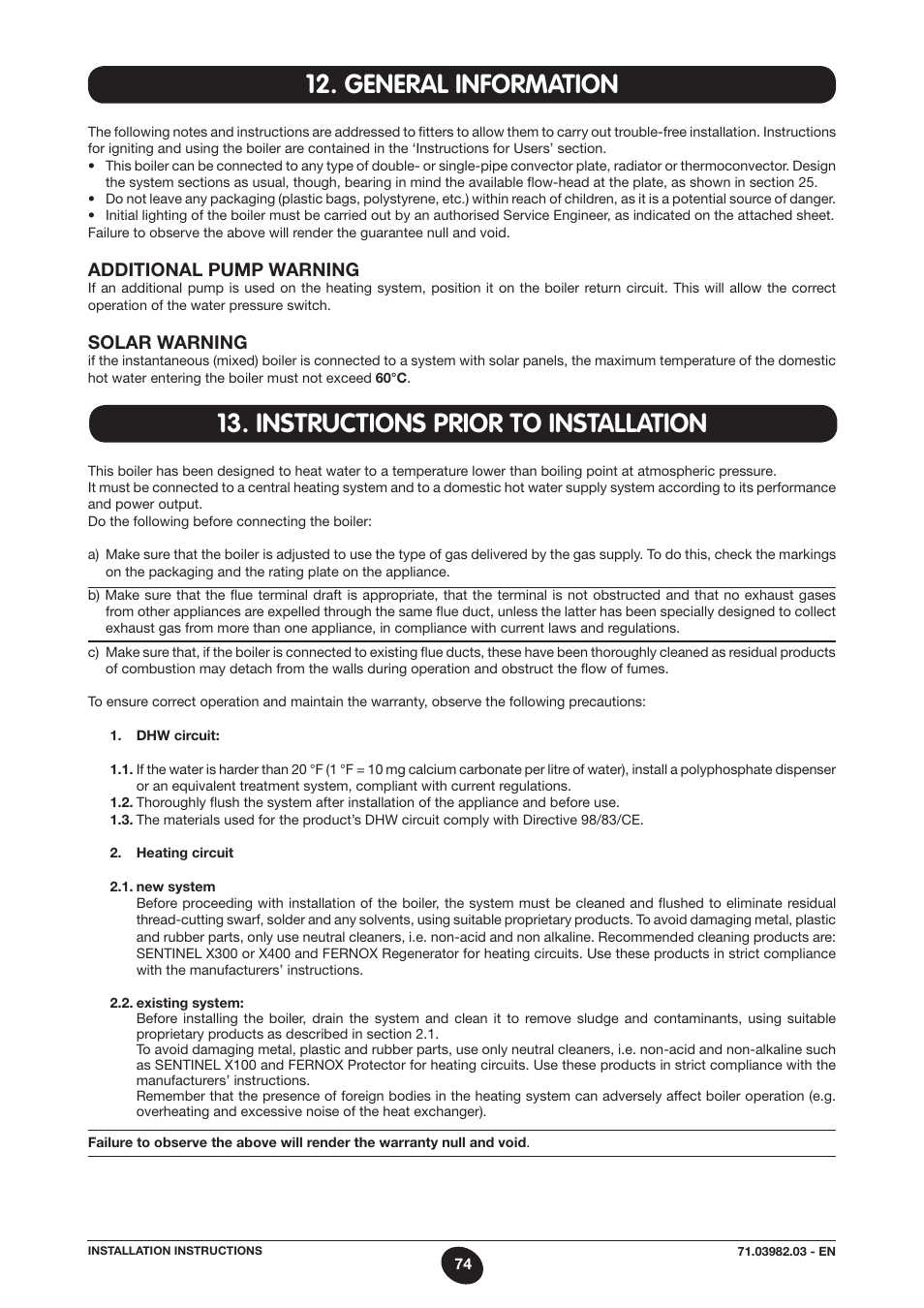 Additional pump warning, Solar warning | DE DIETRICH MS 24 User Manual | Page 74 / 332