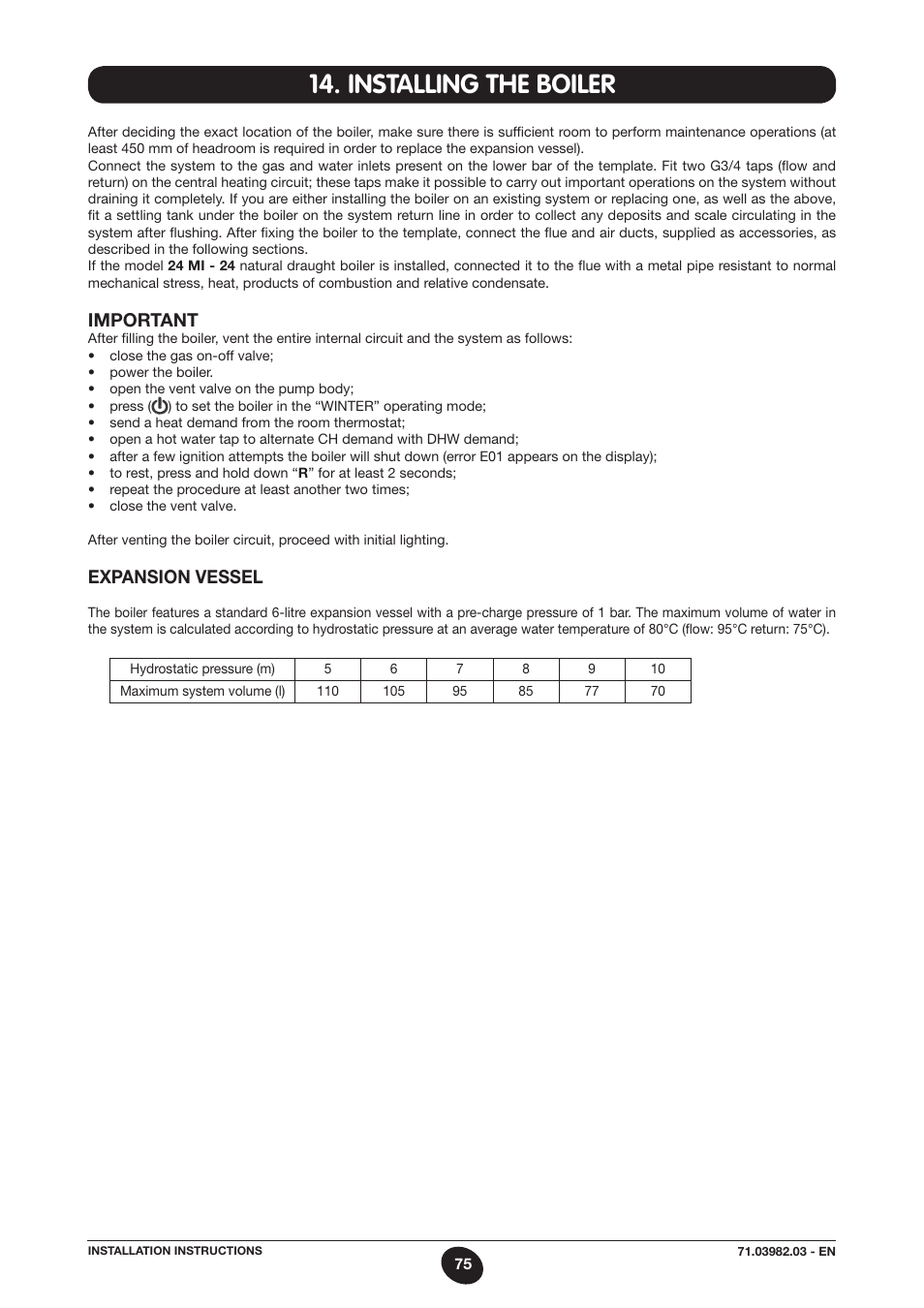 Important, Expansion vessel | DE DIETRICH MS 24 User Manual | Page 75 / 332