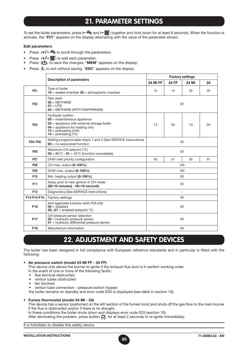 Parameter settings, Adjustment and safety devices | DE DIETRICH MS 24 User Manual | Page 85 / 332
