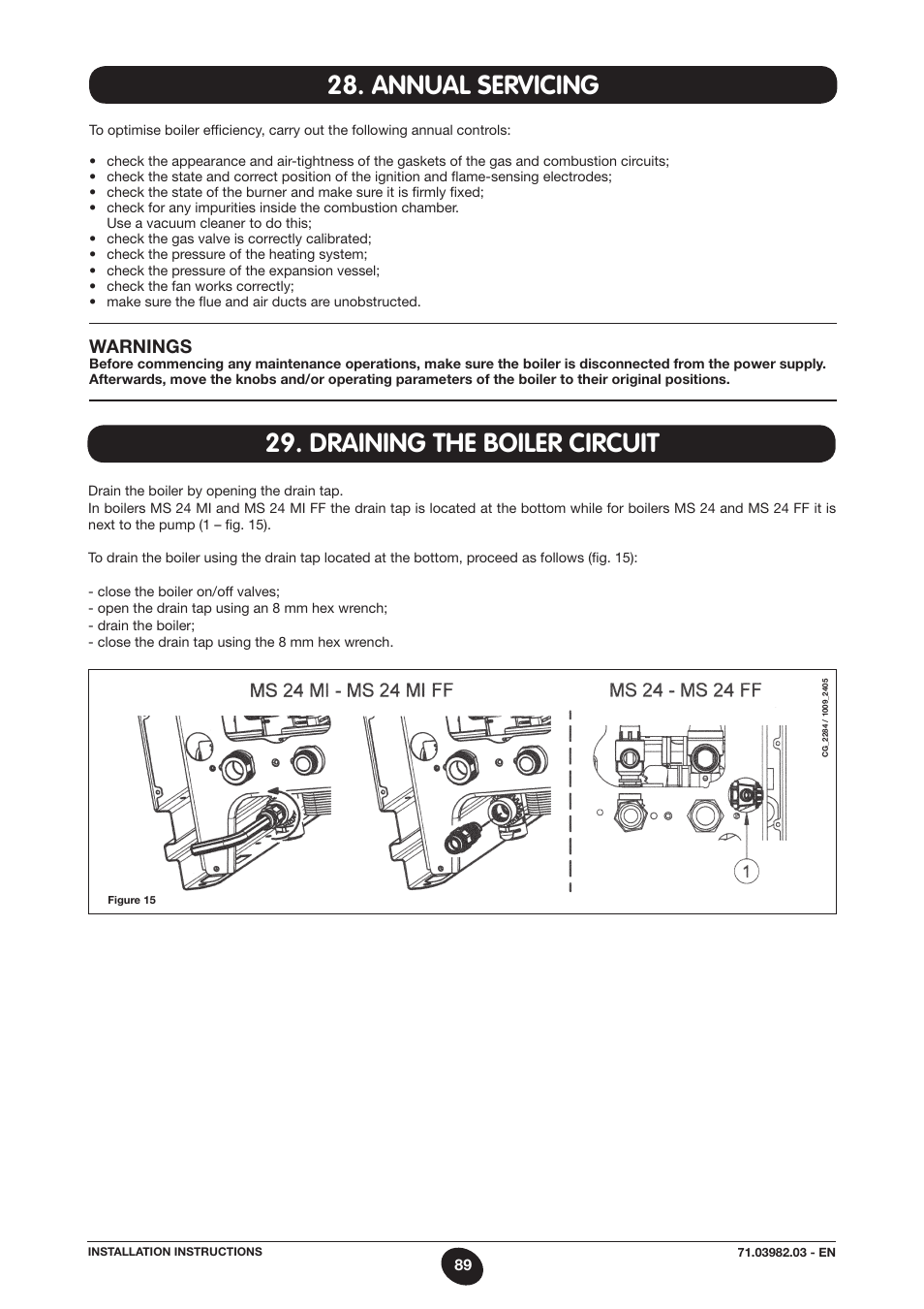 Annual servicing, Draining the boiler circuit, Warnings | DE DIETRICH MS 24 User Manual | Page 89 / 332