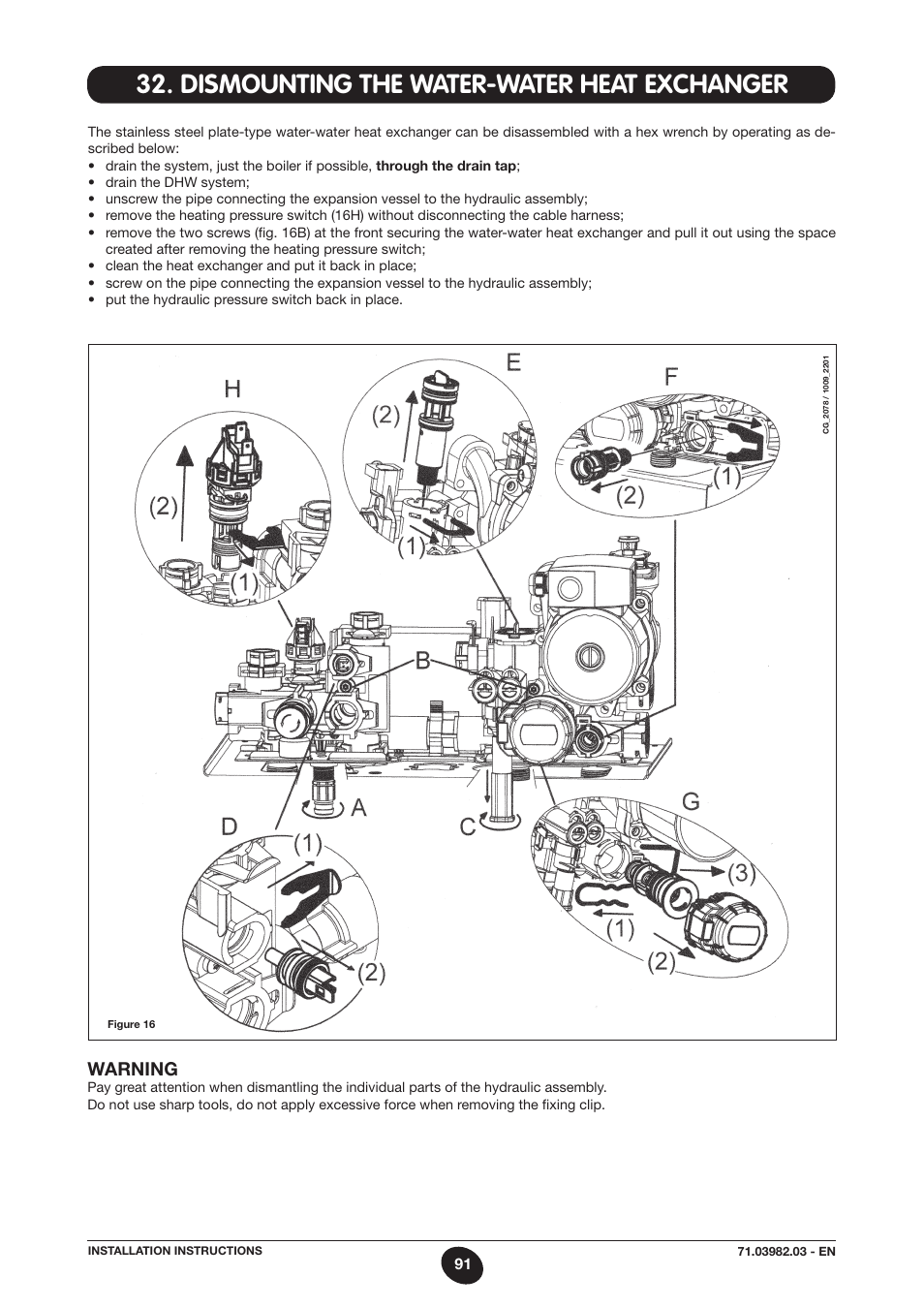 Dismounting the water-water heat exchanger, Warning | DE DIETRICH MS 24 User Manual | Page 91 / 332